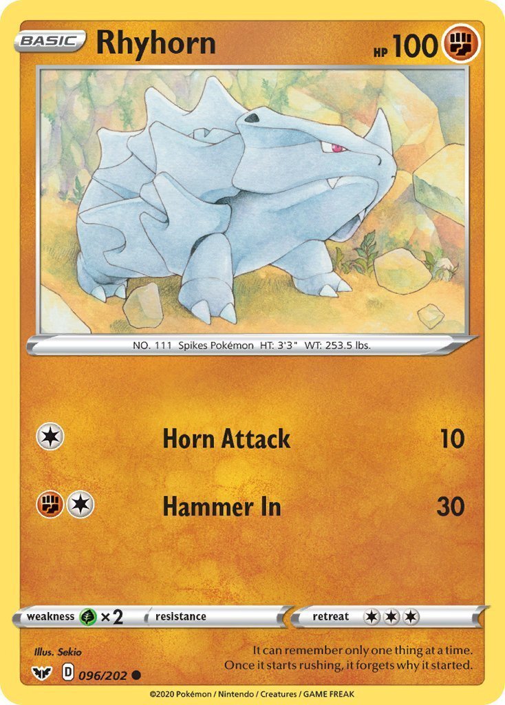 Rhyhorn 96/202 Sword & Shield Base Set Common Pokemon Card TCG – Kawaii  Collector