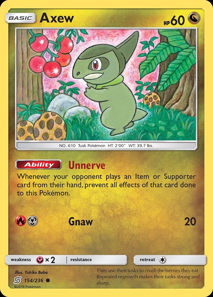 what pokemon set has 236 cards Axew 154/236 SM Unified Minds Common Card TCG – Kawaii Collector 2006 World Championships (TCG) Pack Options:Mewtwo Y Hex Shapes®