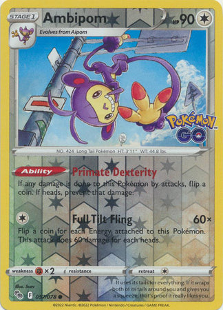 Ambipom 57/78 SWSH Pokemon GO Reverse Holo Common Pokemon Card TCG Near Mint