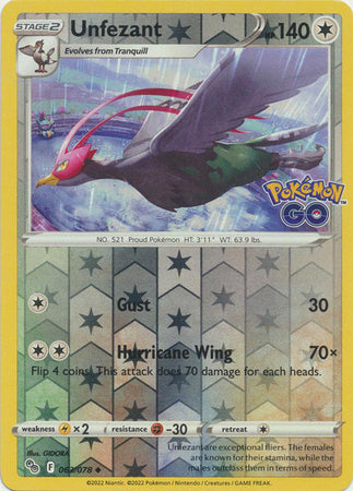 Unfezant 63/78 SWSH Pokemon GO Reverse Holo Uncommon Pokemon Card TCG Near Mint 