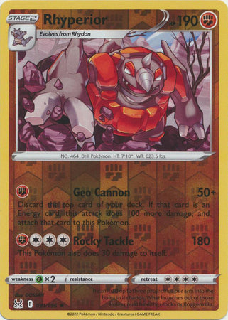 Rhyperior 91/196 SWSH Lost Origin Reverse Holo Rare Pokemon Card TCG Near Mint