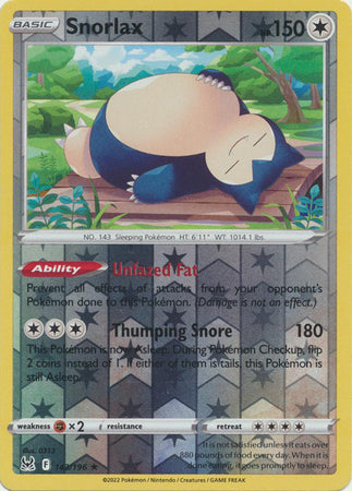 Snorlax 143/196 SWSH Lost Origin Reverse Holo Rare Pokemon Card TCG Near Mint