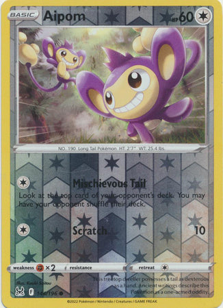 Aipom 144/196 SWSH Lost Origin Reverse Holo Common Pokemon Card TCG Near Mint