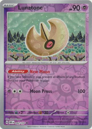 Lunatone 092/197 SV Obsidian Flames Reverse Holo Uncommon Pokemon Card TCG Near Mint 