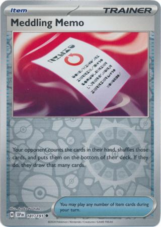 Meddling Memo (181/191) SV Surging Sparks Reverse Holo Uncommon Pokemon Card TCG