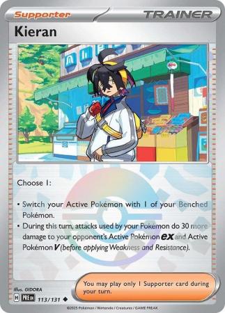 Kieran (113/131) Scarlet and Violet Prismatic Evolutions Pokeball Reverse Holo Uncommon Pokemon Card TCG