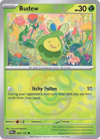 Budew (4/131) Scarlet and Violet Prismatic Evolutions Masterball Reverse Holo Common Pokemon Card TCG
