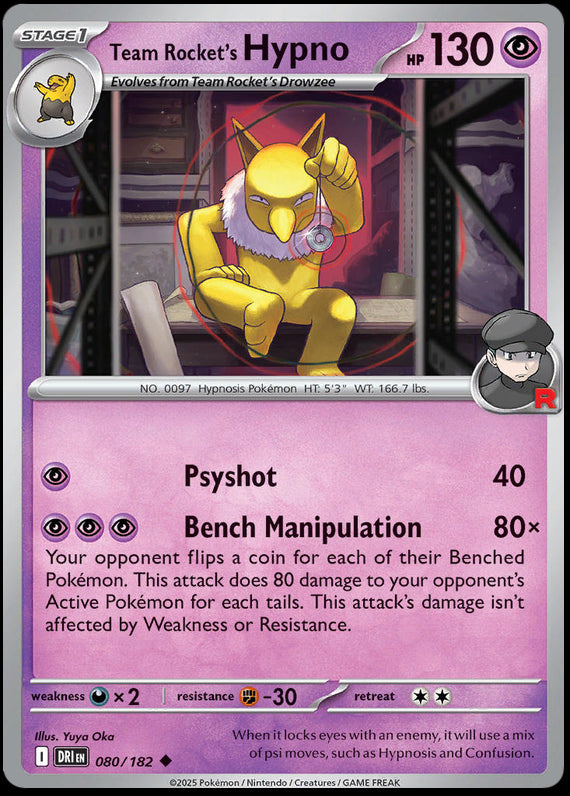 Team Rockets Hypno (80/182) Scarlet and Violet Destined Rivals Reverse Holo Uncommon Pokemon Card TCG