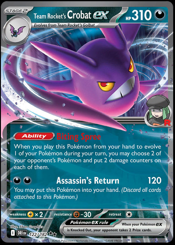 Team Rockets Crobat ex (122/182) Scarlet and Violet Destined Rivals Double Rare Pokemon Card TCG