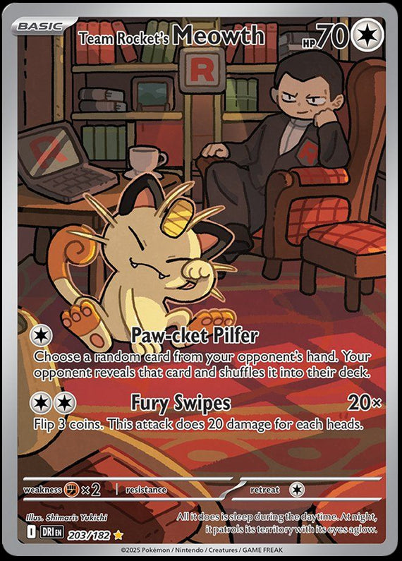 Team Rockets Meowth (203/182) Scarlet and Violet Destined Rivals Illustration Rare Pokemon Card TCG