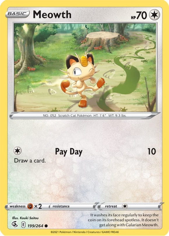 Meowth 199/264 SWSH Fusion Strike Common Pokemon Card TCG Near Mint