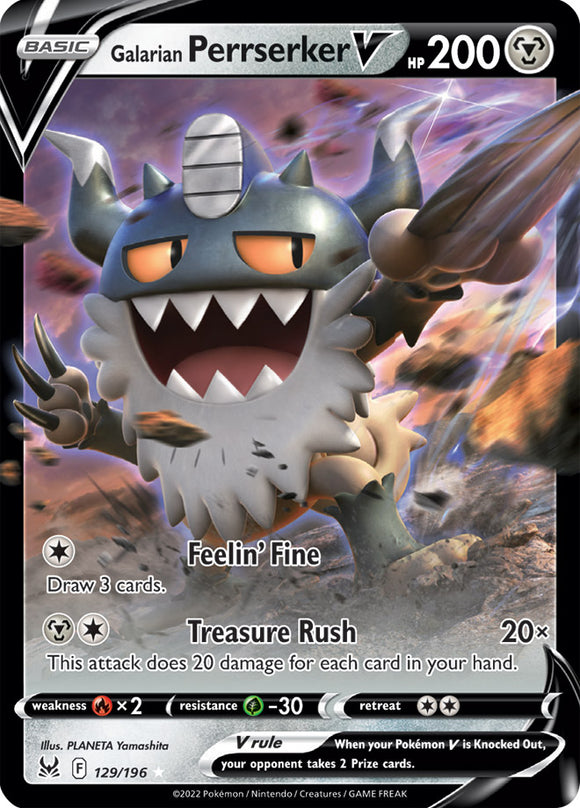 Galarian Perrserker V 129/196 SWSH Lost Origin Ultra Rare Pokemon Card TCG Near Mint