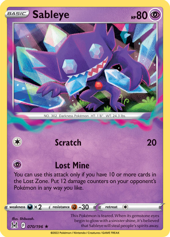 Sableye 70/196 SWSH Lost Origin Holo Rare Pokemon Card TCG Near Mint