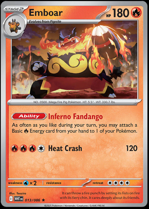 Emboar (13/86) Scarlet and Violet White Flare Reverse Holo Rare Pokemon Card TCG