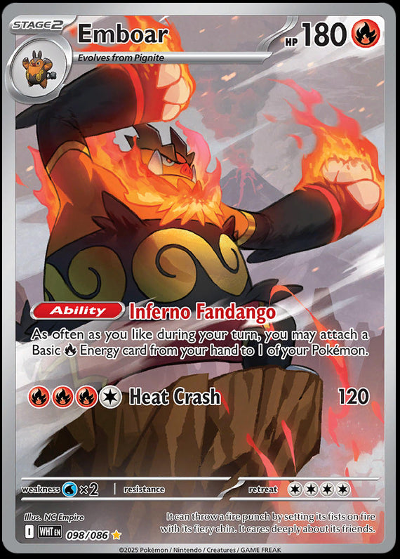 Emboar (98/86) Scarlet and Violet White Flare Illustration Rare Pokemon Card TCG