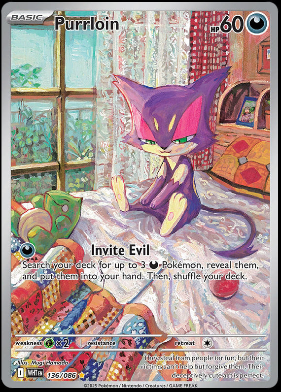 Purrloin (136/86) Scarlet and Violet White Flare Illustration Rare Pokemon Card TCG
