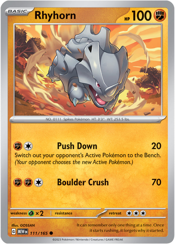 Rhyhorn 111/165 SV 151 Set Common Pokemon Card TCG Near Mint