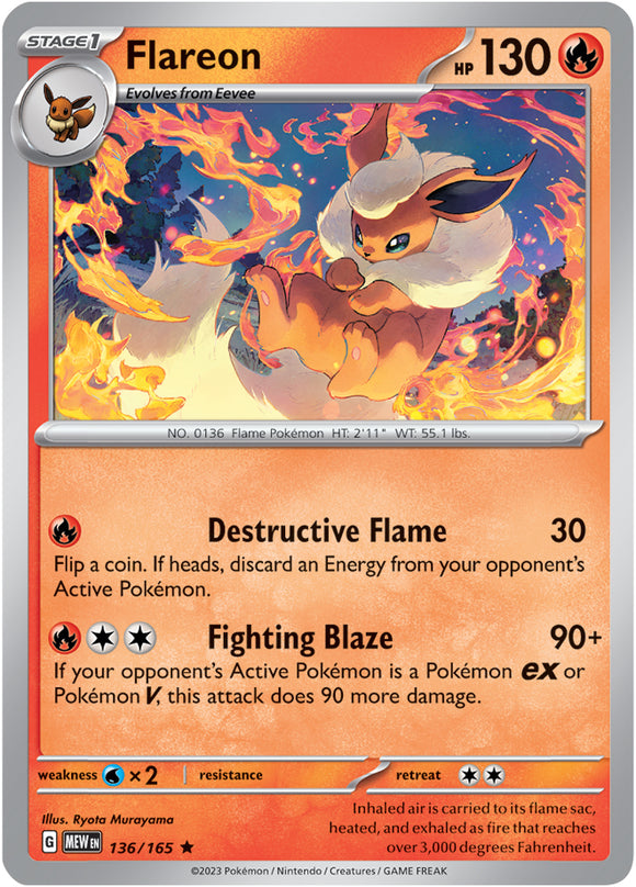 Flareon 136/165 SV 151 Set Holo Rare Pokemon Card TCG Near Mint