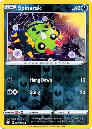Spinarak 102/189 SWSH Darkness Ablaze Reverse Holo Common Pokemon Card TCG Near Mint