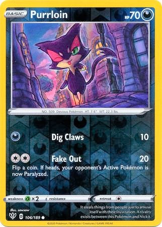 Purrloin 106/189 SWSH Darkness Ablaze Reverse Holo Common Pokemon Card TCG Near Mint