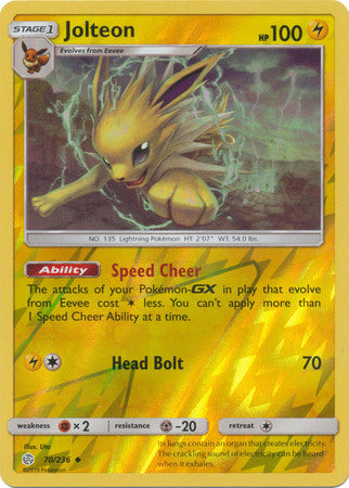 Jolteon 70/236 SM Cosmic Eclipse Reverse Holo Uncommon Pokemon Card TC Kawaii Collector Jolteon 70/236 SM Cosmic Eclipse Reverse Holo Uncommon Pokemon Card TC Kawaii Collector