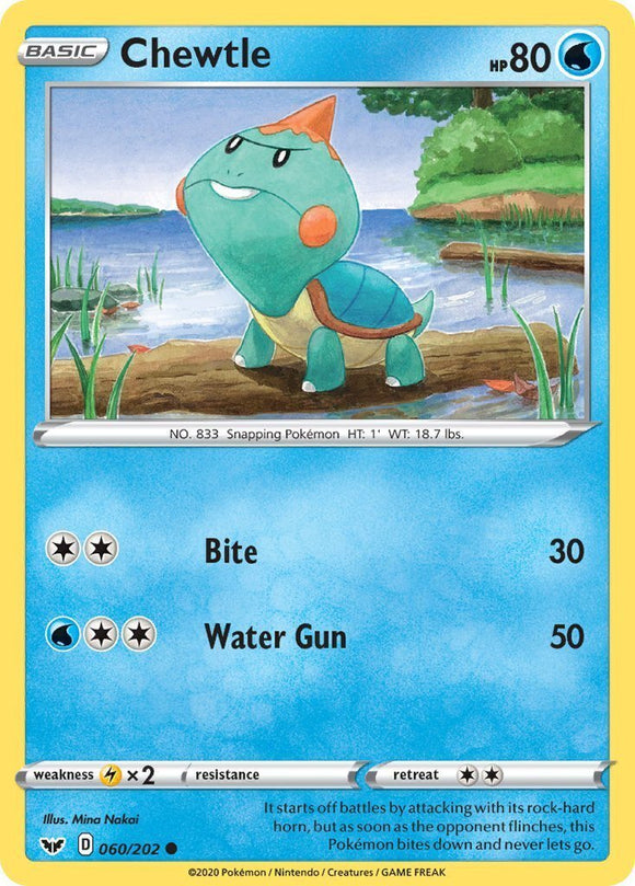 Chewtle 60/202 Sword & Shield Base Set Common Pokemon Card TCG Kawaii Collector Chewtle 60/202 Sword & Shield Base Set Common Pokemon Card TCG Kawaii Collector