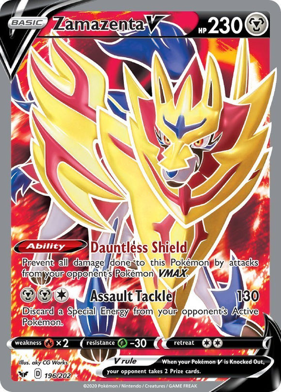 Zamazenta V 196/202 Sword and Shield Base Set Holo Ultra Rare V/VMax Full Art Pokemon Card TCG