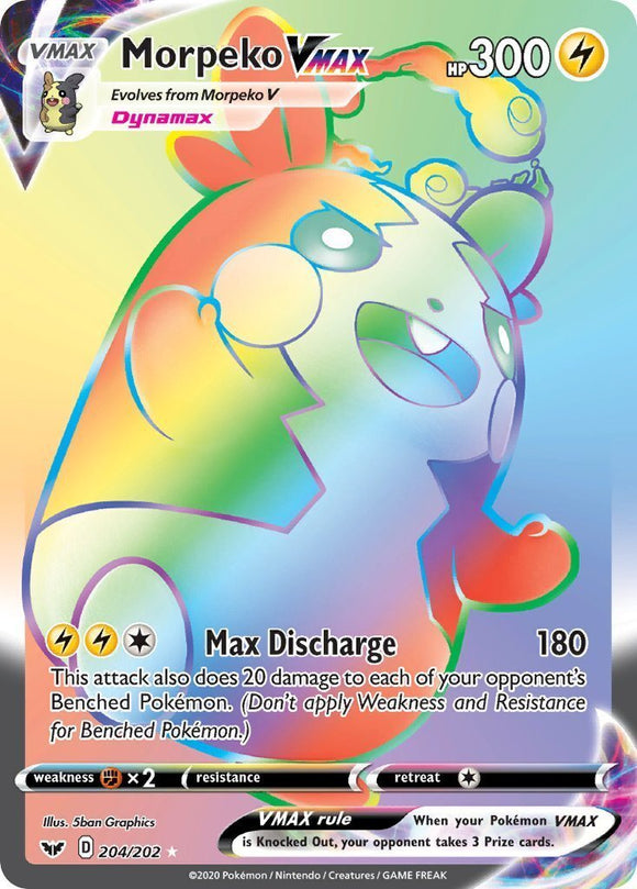 Morpeko VMax 204/202 Sword and Shield Base Set Holo Rainbow Full Art Hyper Secret Rare Pokemon Card TCG