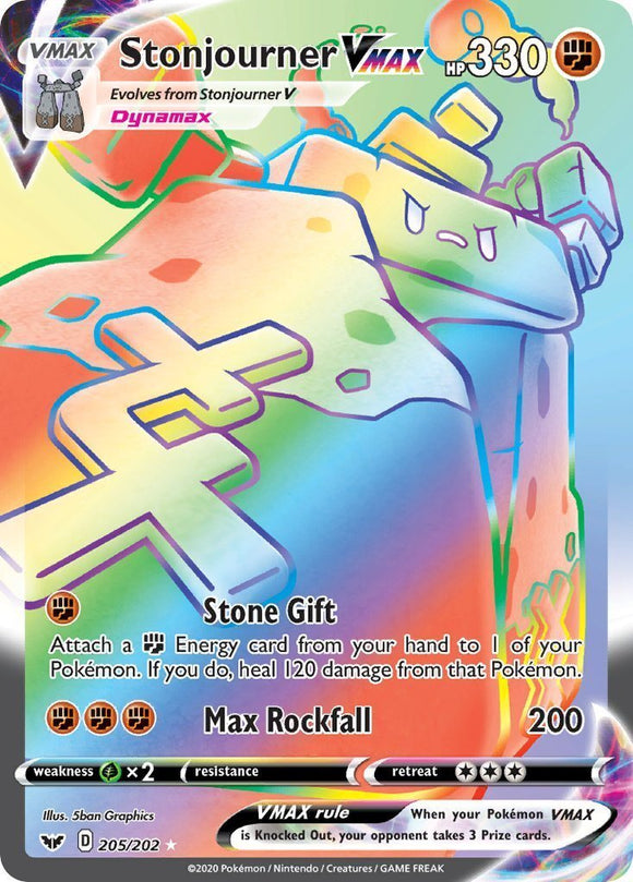 Stonjourner VMax 205/202 Sword and Shield Base Set Holo Rainbow Full Art Hyper Secret Rare Pokemon Card TCG