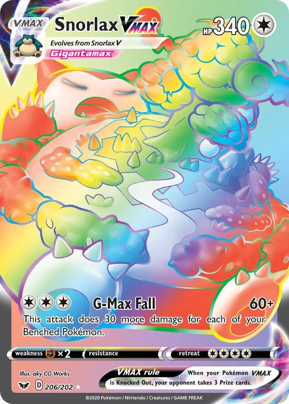 Snorlax VMax 206/202 Sword and Shield Base Set Holo Rainbow Full Art H Kawaii Collector Snorlax VMax 206/202 Sword and Shield Base Set Holo Rainbow Full Art H Kawaii Collector