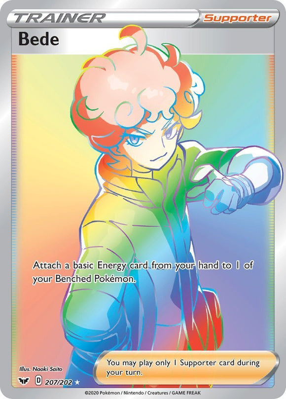 Bede 207/202 Sword and Shield Base Set Rainbow Holo Ultra Hyper Secret Kawaii Collector Bede 207/202 Sword and Shield Base Set Rainbow Holo Ultra Hyper Secret Kawaii Collector