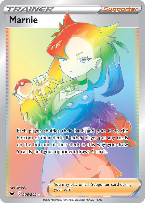 Marnie 208/202 Sword and Shield Base Set Holo Rainbow Hyper Secret Rare Trainer Pokemon Card TCG