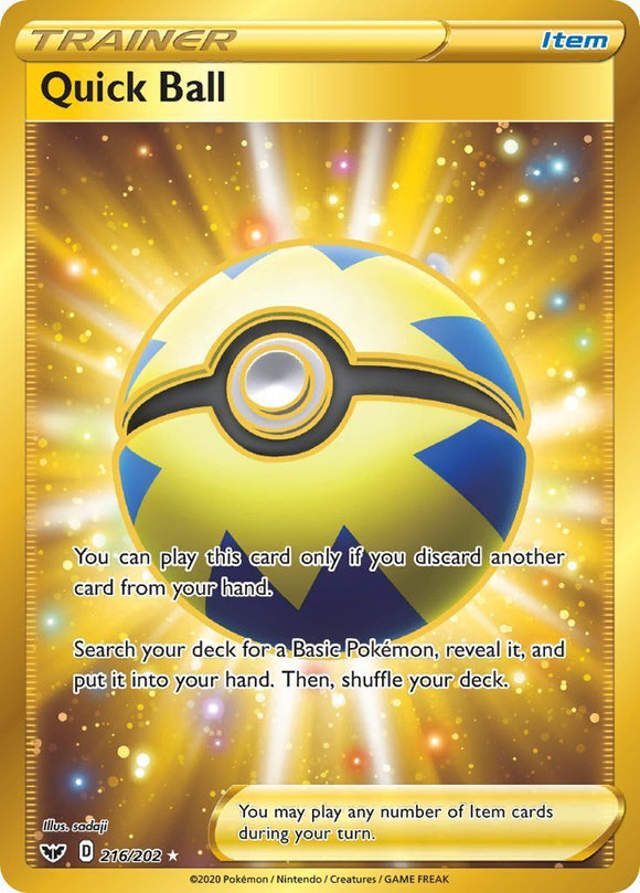 Quick Ball 216/202 Sword and Shield Base Set Holo Gold Ultra Secret Rare Trainer Pokemon Card TCG