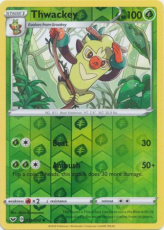Thwackey 13/202 Sword and Shield Base Set Reverse Holo Uncommon Pokemon Card TCG - Kawaii Collector