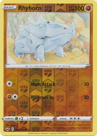 Rhyhorn 96/202 SWSH Base Set Reverse Holo Common Pokemon Card TCG Kawaii Collector Australia