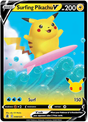 Surfing Pikachu V 8/25 SWSH Celebrations 25th Anniversary Holo Ultra Rare Pokemon Card TCG