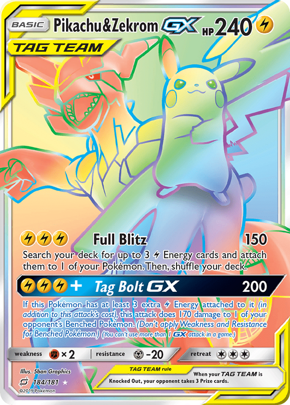 Pikachu & Zekrom GX 184/181 Team Up Holo Rainbow Full Art Secret Hyper Rainbow Rare Pokemon Card TCG