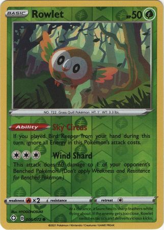 Rowlet 6/72 Shining Fates Reverse Holo Common Pokemon Card TCG Near Mint