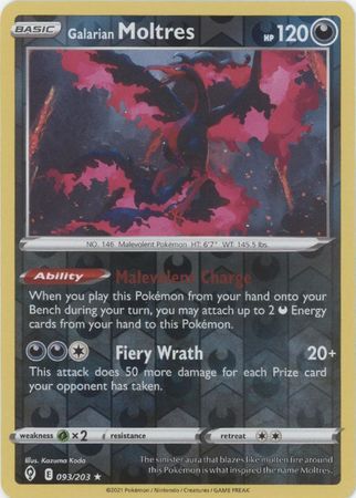 Galarian Moltres 93/203 SWSH Evolving Skies Reverse Holo Rare Pokemon Card TCG Near Mint