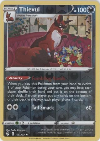 Thievul 105/203 SWSH Evolving Skies Reverse Holo Rare Pokemon Card TCG Near Mint