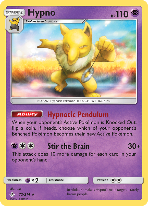 Hypno 72/214 SM Unbroken Bonds Rare Pokemon Card TCG Near Mint Pack Fresh