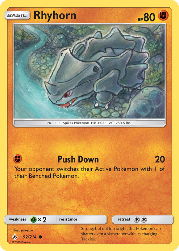 Rhyhorn 92/214 Unbroken Bonds Common Pokemon Card TCG Near Mint Pack Fresh