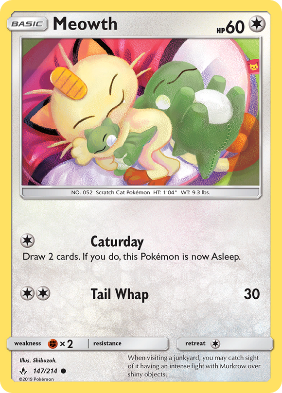 Meowth 147/214 SM Unbroken Bonds Common Pokemon Card TCG Near Mint Pack Fresh