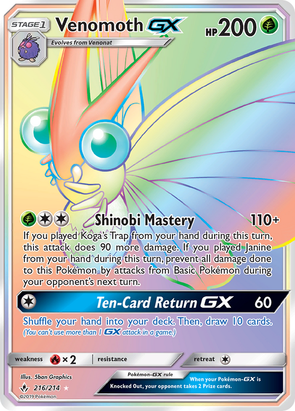 Venomoth GX 216/214 SM Unbroken Bonds Holo Hyper Rare Rainbow Full Art Pokemon Card TCG