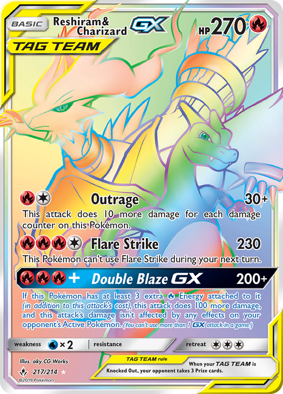 Reshiram & Charizard GX 217/214 SM Unbroken Bonds Holo Hyper Rare Rainbow Full Art Pokemon Card TCG