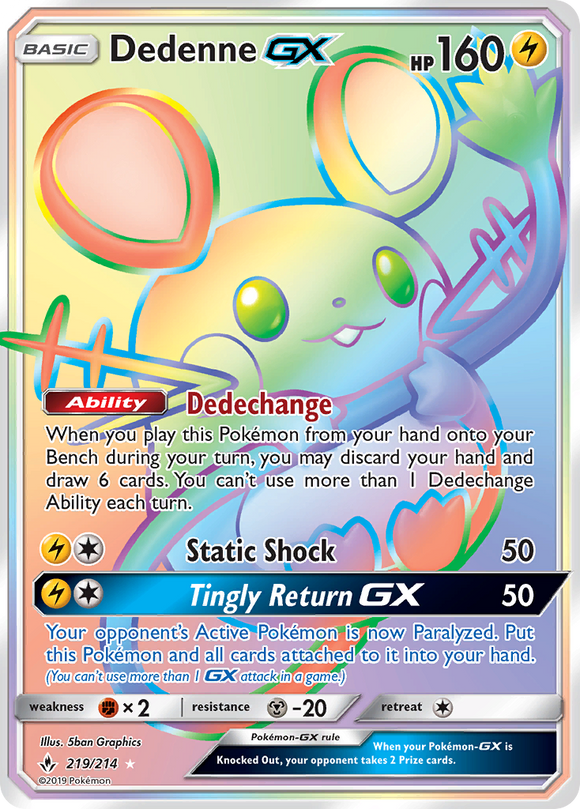Dedenne GX 219/214 SM Unbroken Bonds Holo Hyper Rare Rainbow Full Art Pokemon Card TCG