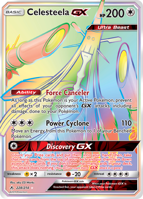 Celesteela GX 228/214 SM Unbroken Bonds Holo Hyper Rare Rainbow Full Art Pokemon Card TCG