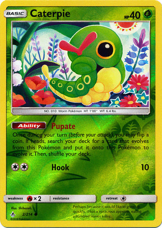 Caterpie 2/214 SM Unbroken Bonds Reverse Holo Common Pokemon Card TCG