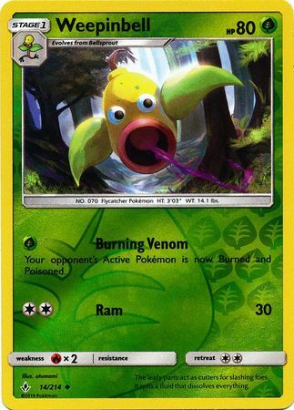 Weepinbell 14/214 SM Unbroken Bonds Reverse Holo Uncommon Pokemon Card TCG Near Mint Pack Fresh