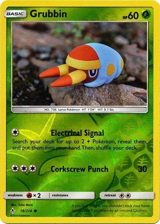 Grubbin 18/214 SM Unbroken Bonds Reverse Holo Common Pokemon Card TCG Near Mint Pack Fresh